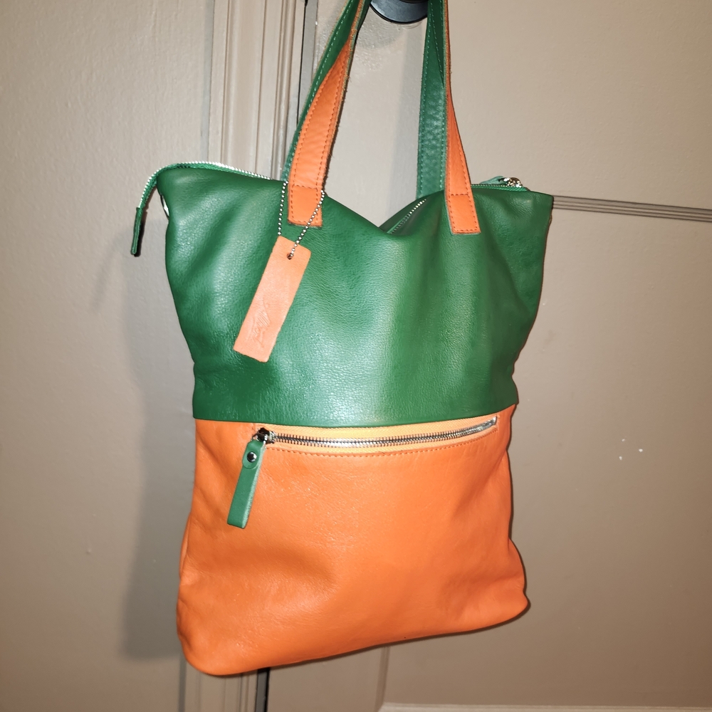 Two-Tone Green and Orange Leather Tote